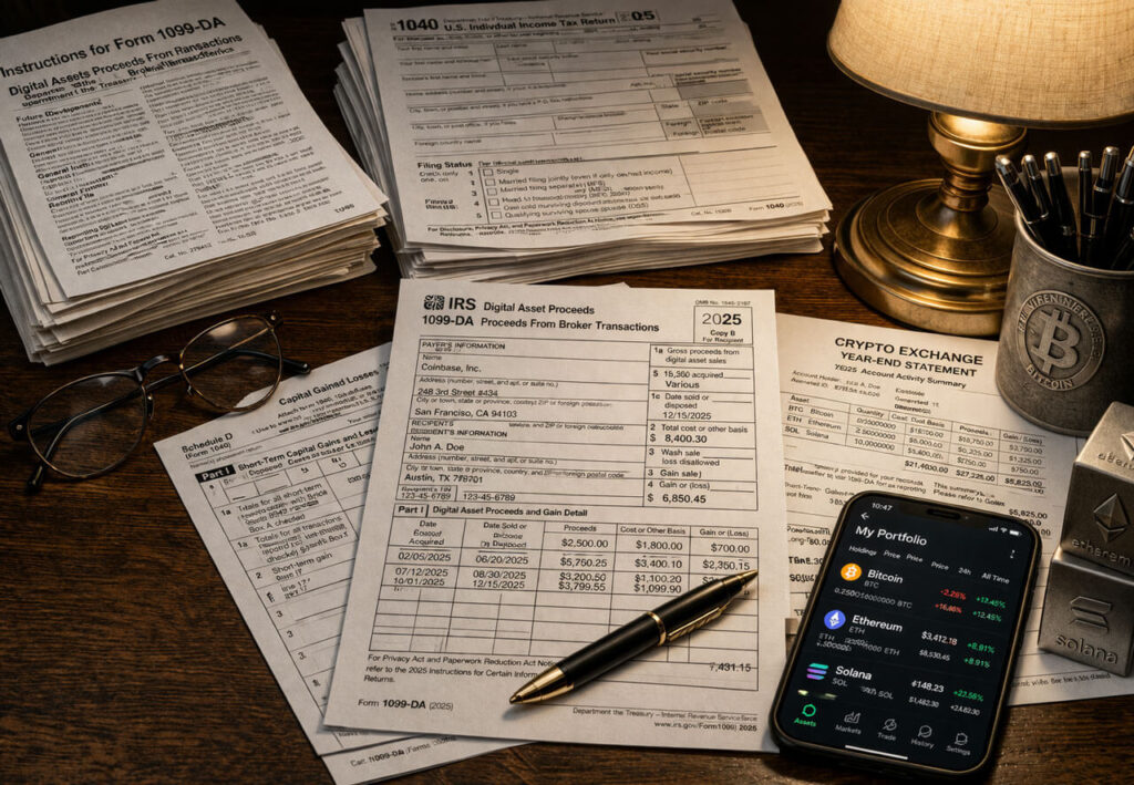 IRS new forms may leave crypto investors guessing their tax bill IRS Form 1099-DA beside crypto account records and a phone portfolio app, showing how 2025 coin swaps and sales can still be reported for tax filing