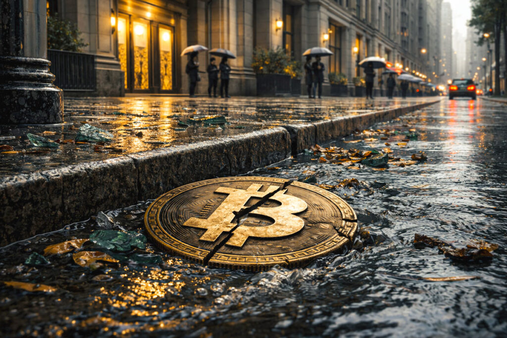 The next Bitcoin shock could be where Wall Street finally loses faith and starts selling Cracked Bitcoin coin in a rain-soaked curbside gutter outside a financial district building as Wall Street continues on unfazed