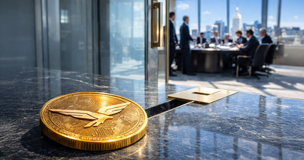 Trump-backed WLFI is selling $5 million access while pitching finance for everyone WLFI cryptocurrency coin placed on a boardroom table outside a high-level executive meeting, symbolizing the Trump-backed project offering guaranteed direct access to investors for $5 million